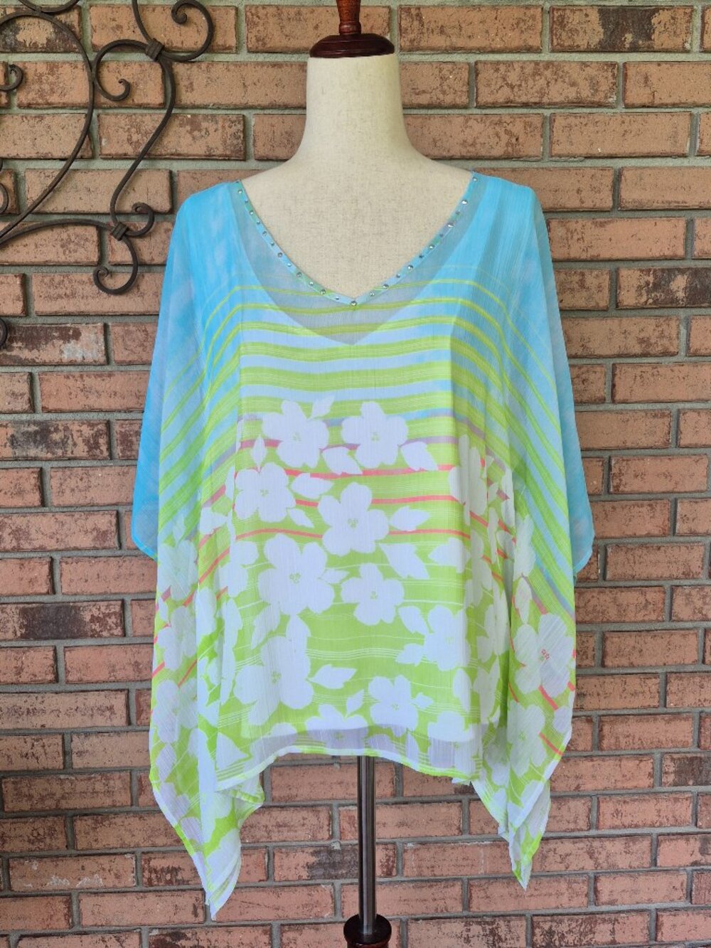 2pc Breezy Kaftan Style Blouse sz XL Tropical Chiffon Overlay